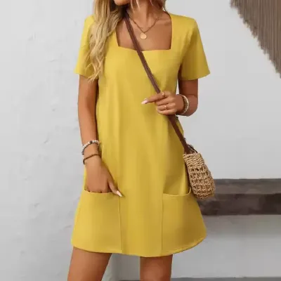 SQUARE NECK SHORT-SLEEVED SOLID DRESS